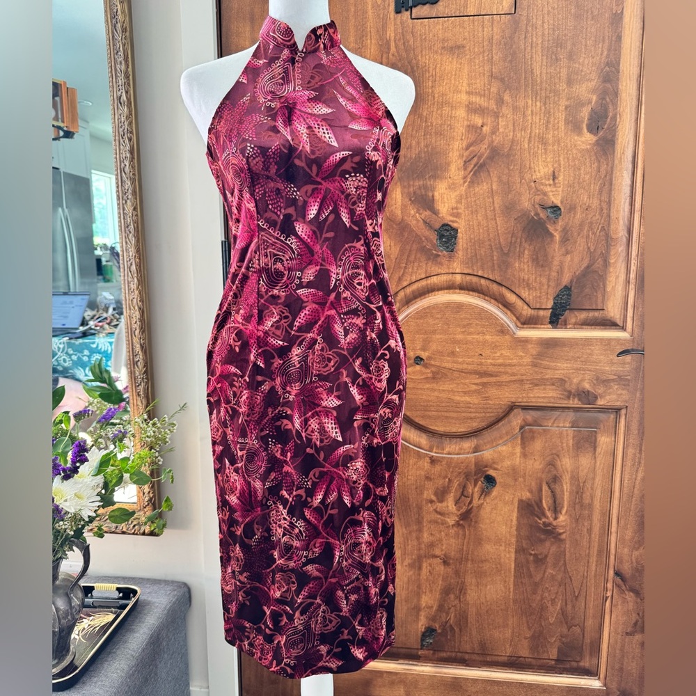 Vintage velvet burgundy floral high neck dress.